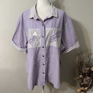 Vtg 80s SUNNY LADY Women Button Up Purple Striped Shirt Top 100% Cotton Sz 26W